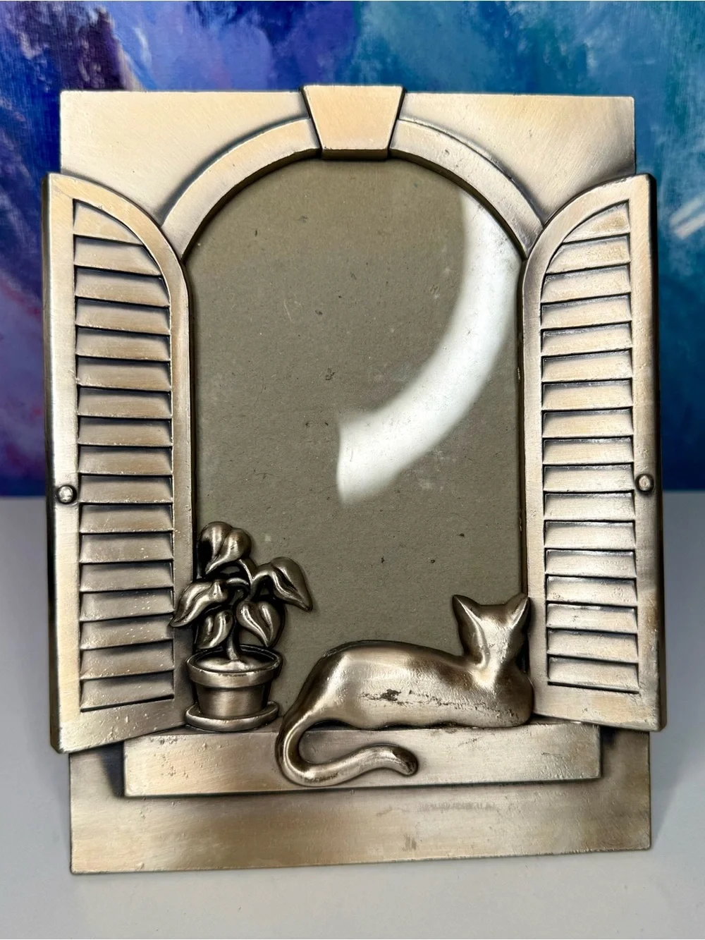 Cat in Window Picture Photo Frame Silver Tone Vintage for 4x6 Photograph Whimsy